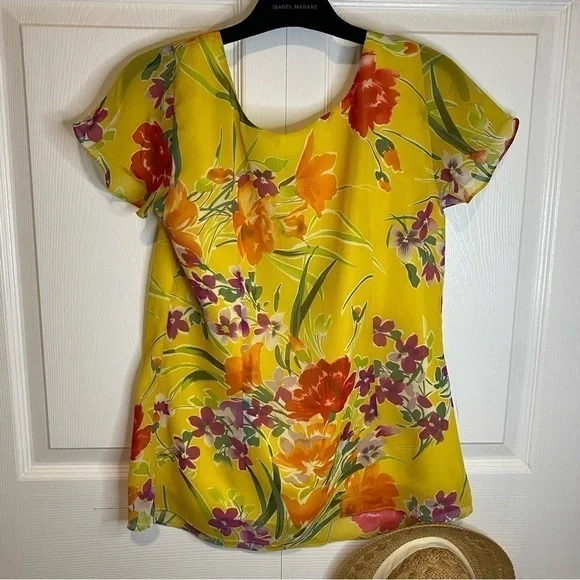 Spence yellow floral print top shirt sleeve shirt with lining size S - Picture 3 of 5